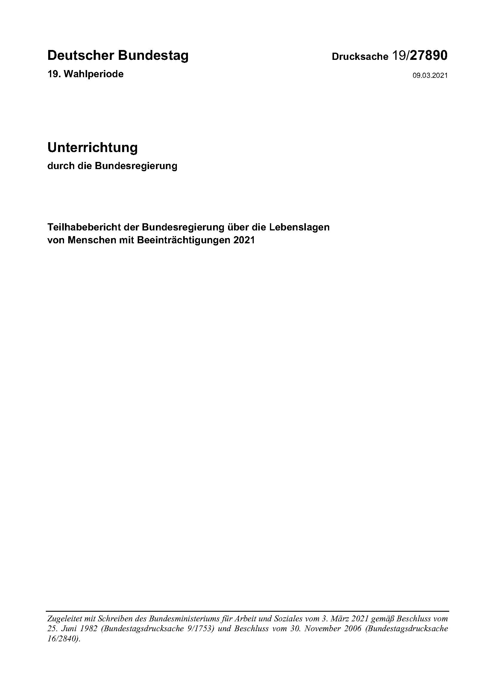 Teilhabebericht der Bundesregierung über die Lebenslagen von Menschen mit Beeinträchtigungen 2021
